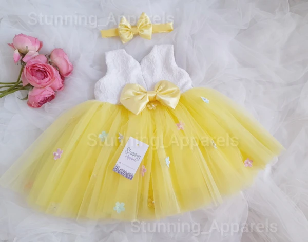 Multi Color Flower Work Yellow Frock  - 3-6 Month