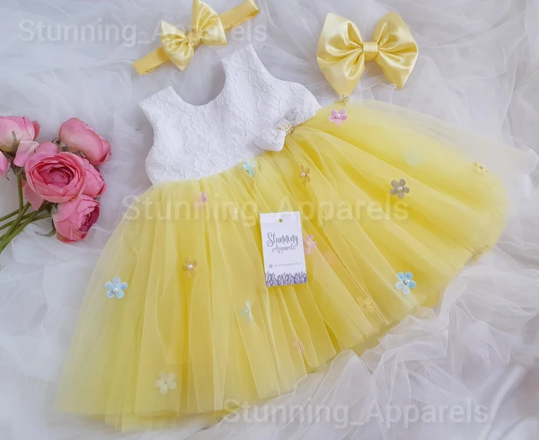 Multi Color Flower Work Yellow Frock  - 3-6 Month