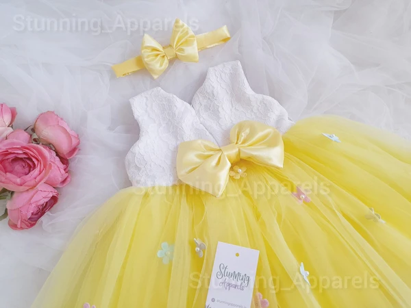 Multi Color Flower Work Yellow Frock  - 1-2 Years