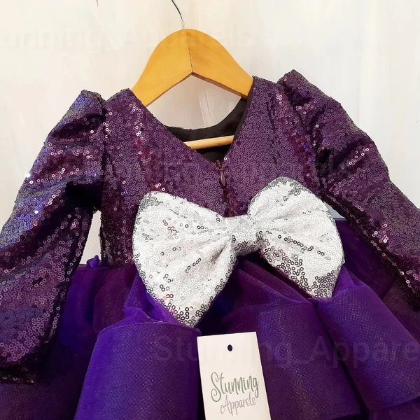 Designer Purplè Sequins Long Sleeves Partywear Frock  - 6-9 Month