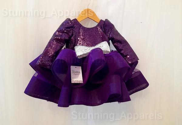 Designer Purplè Sequins Long Sleeves Partywear Frock  - 6-9 Month