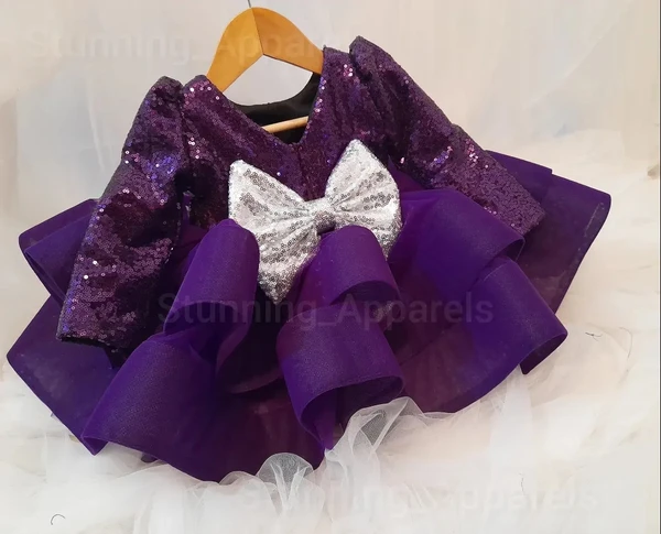 Designer Purplè Sequins Long Sleeves Partywear Frock  - 9-12 Month