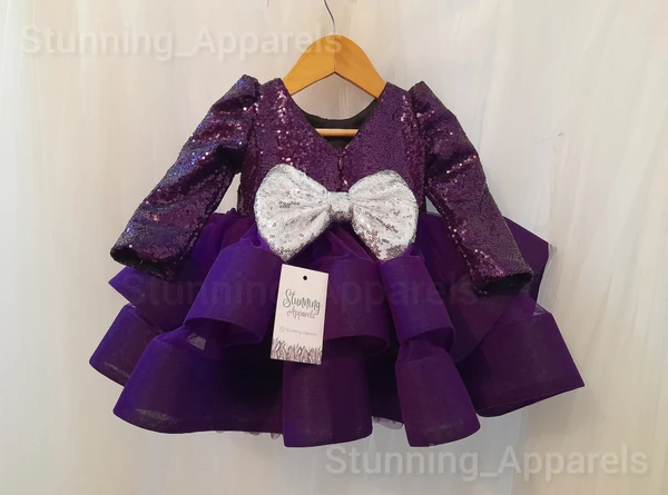 Designer Purplè Sequins Long Sleeves Partywear Frock  - 1-2 Years