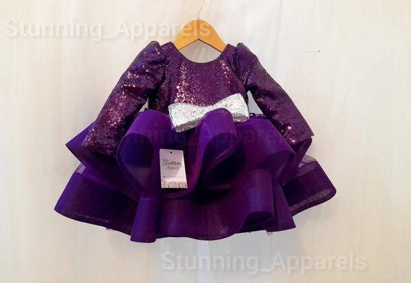 Designer Purplè Sequins Long Sleeves Partywear Frock  - 5-6years