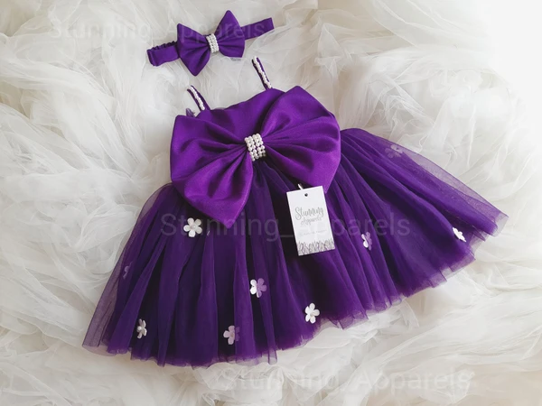 Purple White Flowers Work Partywear  Frock  - 6-9 Month