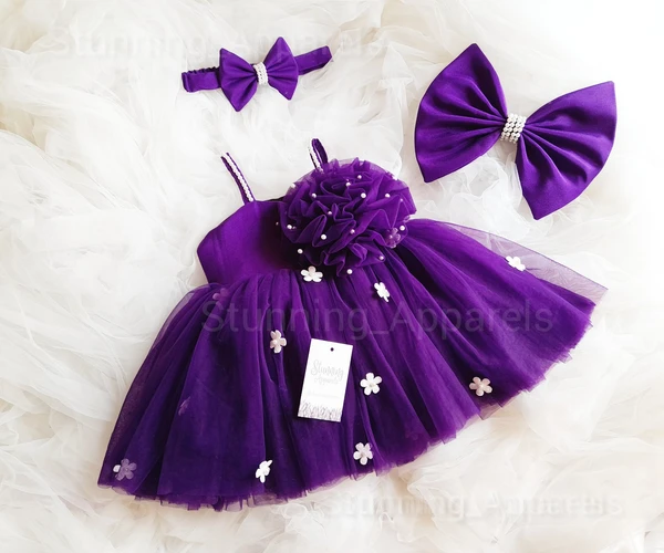 Purple White Flowers Work Partywear  Frock  - 2-3 Years