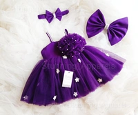 Purple White Flowers Work Partywear  Frock  - 3-4 Years