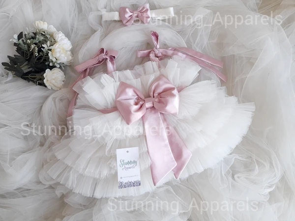 Peach Satin Strapped  White Layered Frock  - 0-3 Months