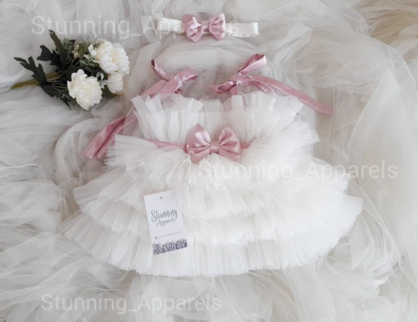 Peach Satin Strapped Knoted White Layered Frock  - 9-12 Month