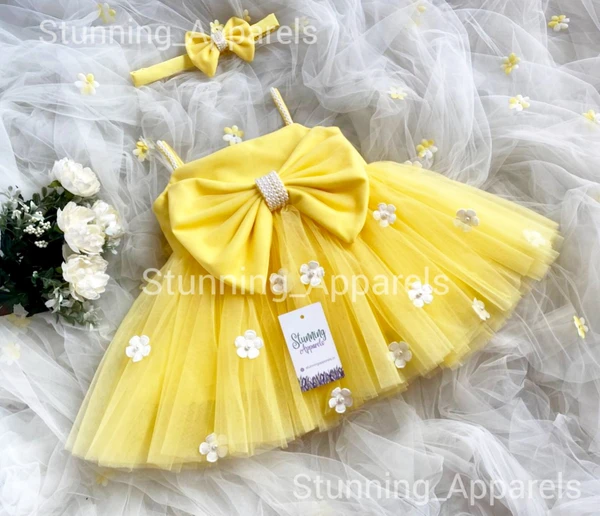 Flower Work Strapped Yellow Partywear Frock  - 6-9 Month