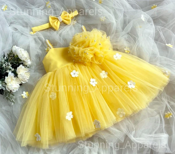 Flower Work Strapped Yellow Partywear Frock  - 3-4 Years
