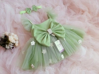 White  Flower Work Partywear  Pista Green Frock  - 6-9 Month