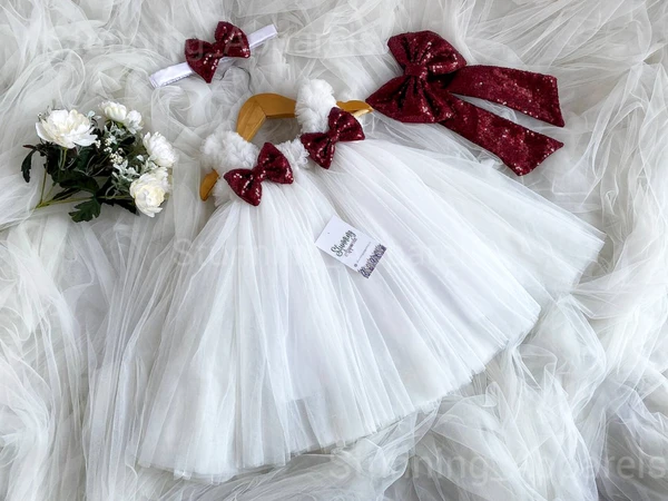 Maroon Sequence  Bow Partywear  White Dress  - 0-3 Months