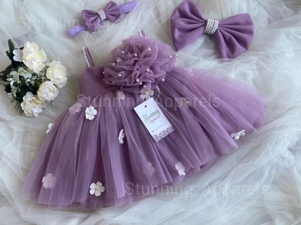 White Flower Strapped Partywear Lilac Dress  - 0-3 Months