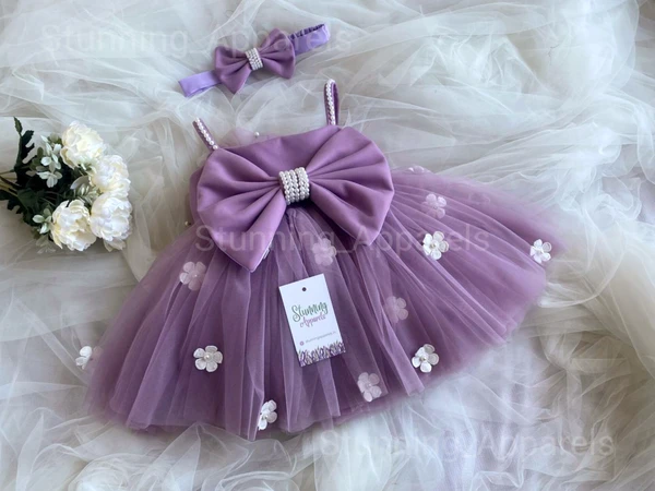 White Flower Strapped Partywear Lilac Dress  - 0-3 Months