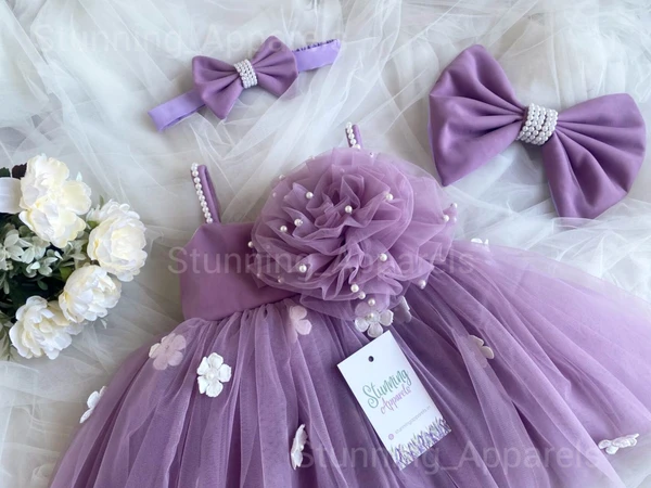 White Flower Strapped Partywear Lilac Dress  - 0-3 Months