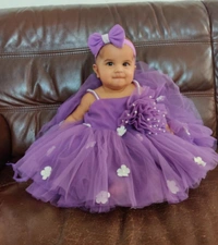 White Flower Strapped Partywear Lilac Dress  - 0-3 Months