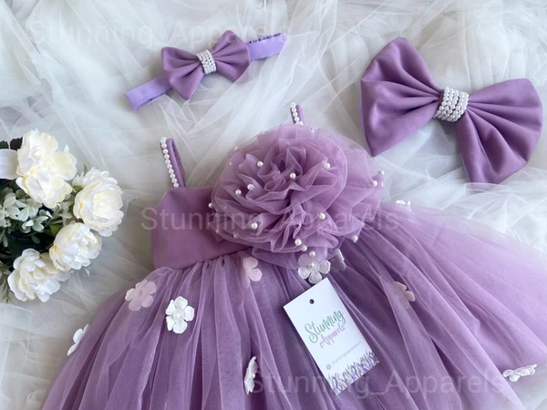 White Flower Strapped Partywear Lilac Dress  - 3-6 Month