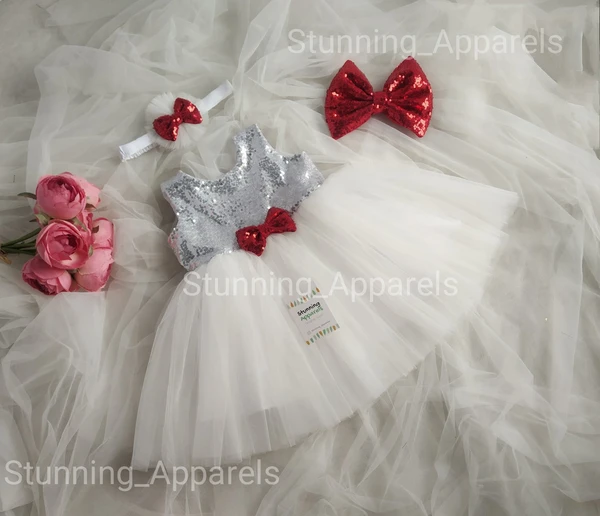 Red Sequvence Bow Partywear White Dress - 0-3 Months