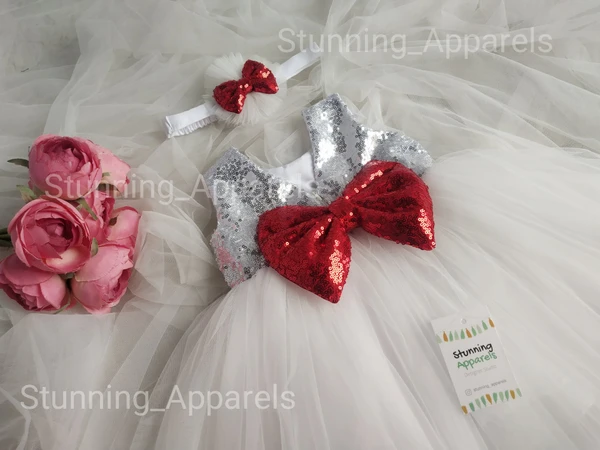 Red Sequvence Bow Partywear White Dress - 0-3 Months