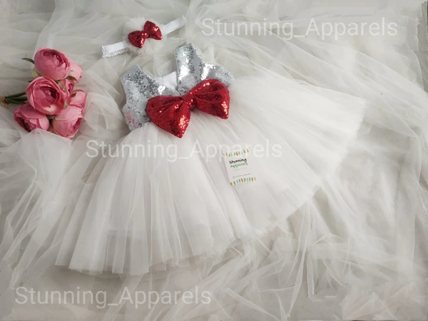 Red Sequvence Bow Partywear White Dress - 3-6 Month