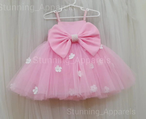 White Flower Work Strapped Baby Pink Frock