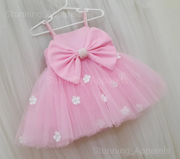 White Flower Work Strapped Baby Pink Frock - 1-2 Years