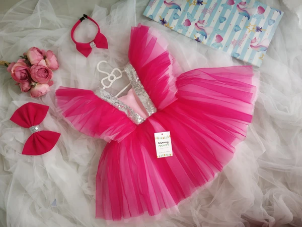 Baby Pink And Magenta  Wings  Seeves Dress  - 1-2 Years