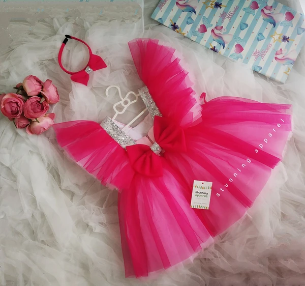 Baby Pink And Magenta  Wings  Seeves Dress  - 0-3 Months