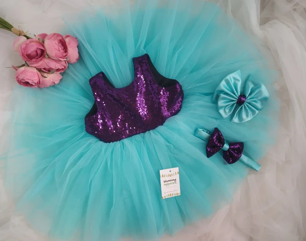 Purple Sequins Sky Blue Partywear Dress  - 3-6 Month