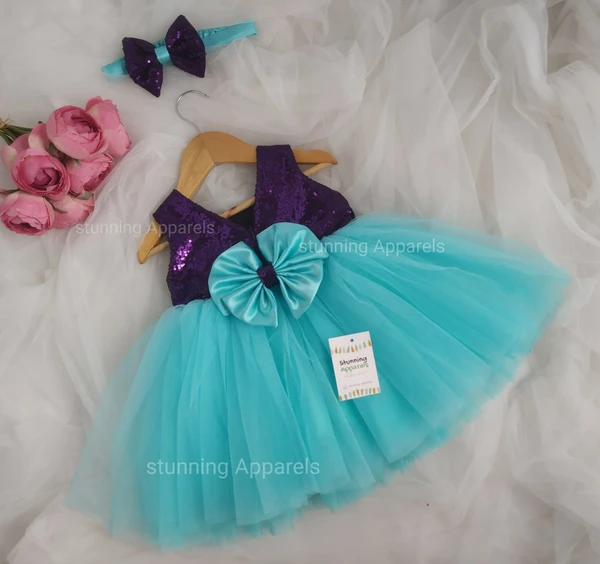 Purple Sequins Sky Blue Partywear Dress  - 3-6 Month