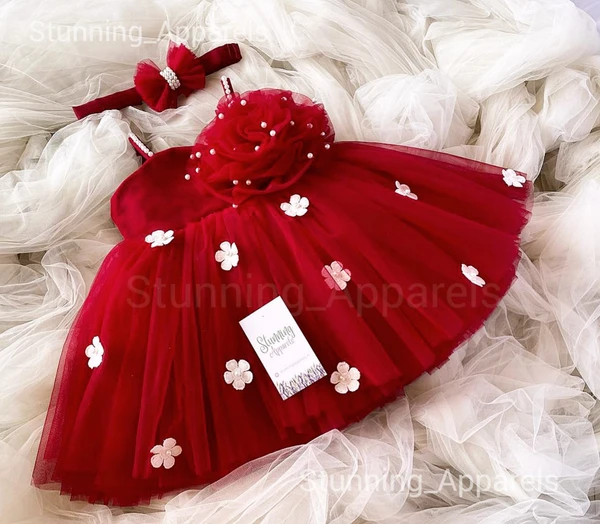 White Flowers Ruby Red  Partywear Dress - 0-3 Months