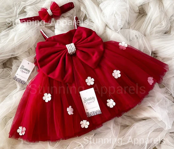 White Flowers Ruby Red  Partywear Dress - 0-3 Months