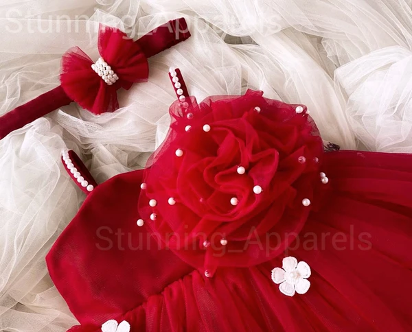 White Flowers Ruby Red  Partywear Dress - 9-12 Month