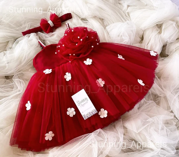 White Flowers Ruby Red  Partywear Dress - 3-4 Years
