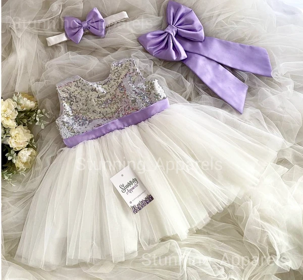 Dark Lavender Bow White Partywear Dress - 0-3 Months