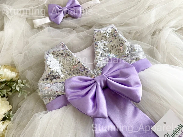 Dark Lavender Bow White Partywear Dress - 0-3 Months