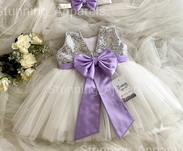 Dark Lavender Bow White Partywear Dress - 0-3 Months