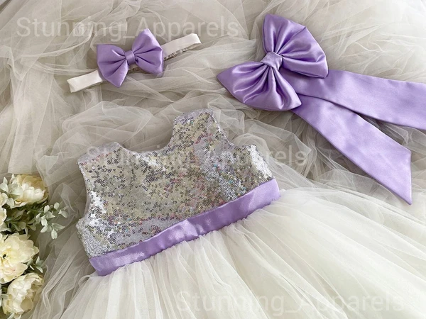 Dark Lavender Bow White Partywear Dress - 0-3 Months