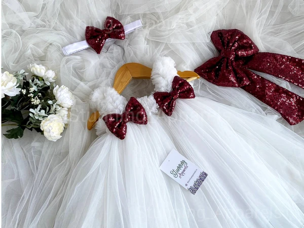 Maroon Sequence  Bow Partywear  White Dress  - 5-6 Years