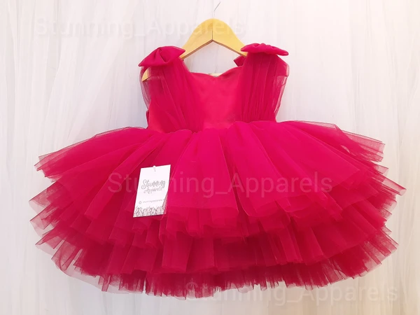 Shoulder  Bow Layered Partywear  Ruby Red Dress - 1-2 Years