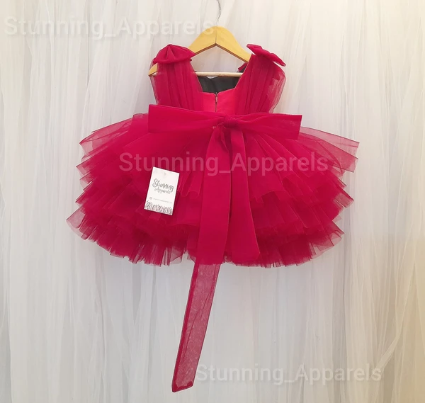 Shoulder  Bow Layered Partywear  Ruby Red Dress - 1-2 Years