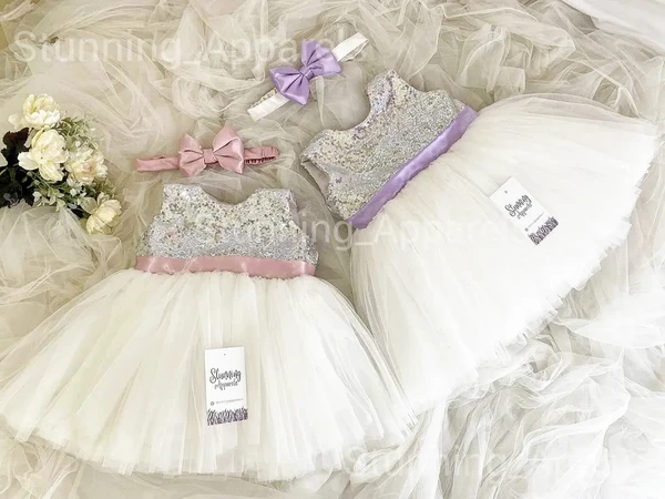 Dark Lavender And Peach Partywear Combo Dress - 6-9 Month