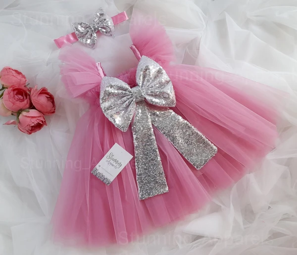 Silver Sequins Bow Partywear  Peach Dress  - 0-3 Month