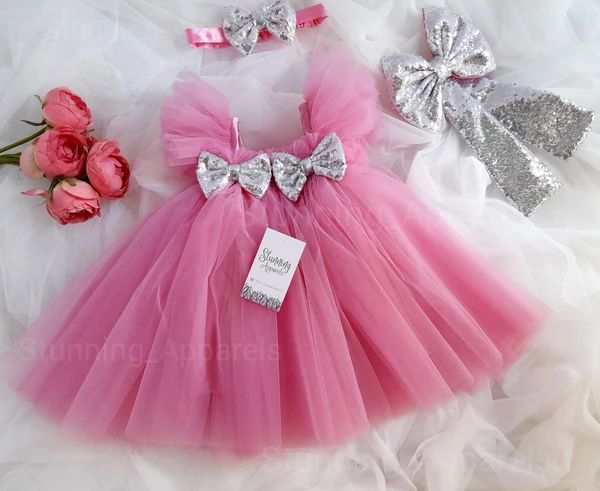 Silver Sequins Bow Partywear  Peach Dress  - 0-3 Month