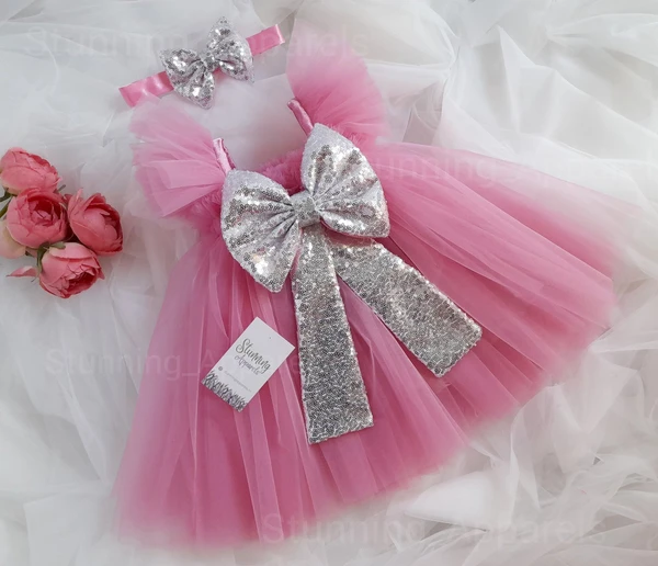 Silver Sequins Bow Partywear  Peach Dress  - 3-6 Month