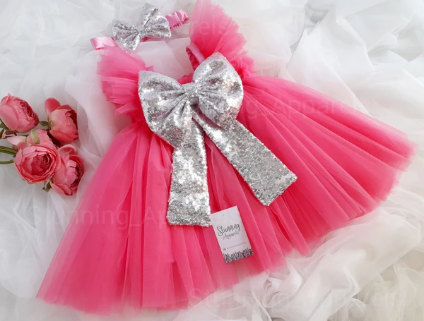 Silver Sequins Bow Dark Peach Partywear Dress - 3-6 Month