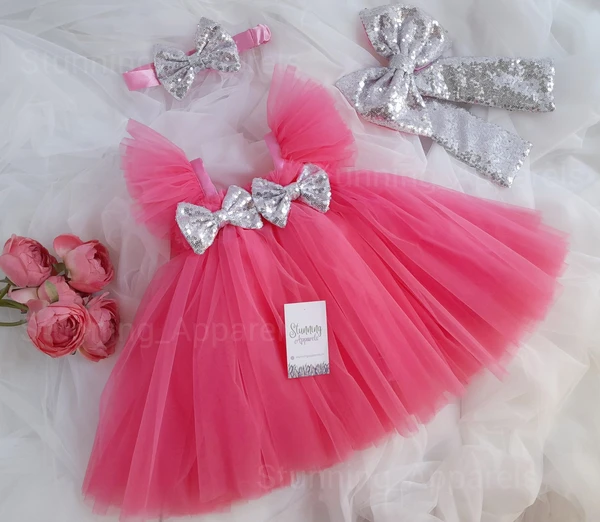 Silver Sequins Bow Dark Peach Partywear Dress - 3-6 Month