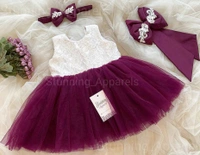 White Patch Work Partywear  Wine Dress - 9-12 Month