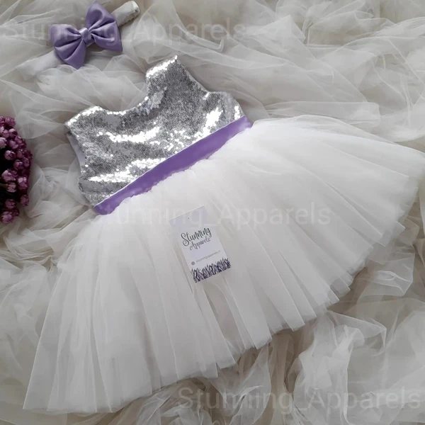 Light Lavender Bow White Partywear Dress - 4-5 Years